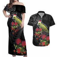 Meri Kirihimete Kakapo Couples Matching Off Shoulder Maxi Dress and Hawaiian Shirt Black Silver Fern Christmas Vibe LT9 Black - Polynesian Pride