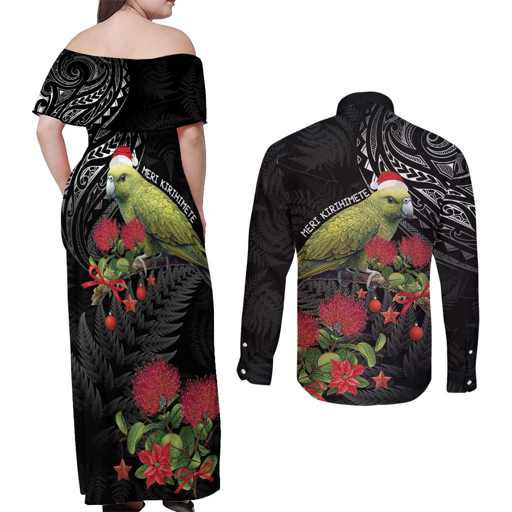 Meri Kirihimete Kakapo Couples Matching Off Shoulder Maxi Dress and Long Sleeve Button Shirt Black Silver Fern Christmas Vibe LT9 - Polynesian Pride