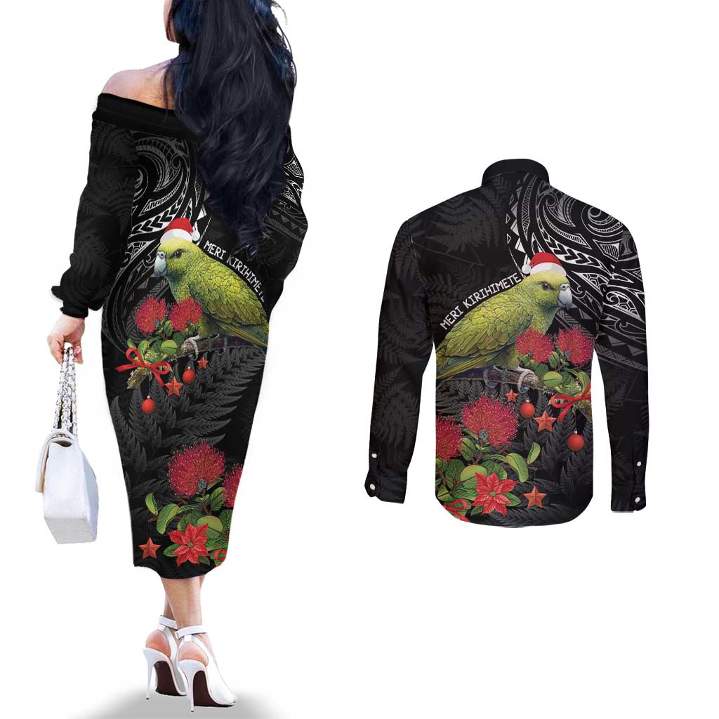 Meri Kirihimete Kakapo Couples Matching Off The Shoulder Long Sleeve Dress and Long Sleeve Button Shirt Black Silver Fern Christmas Vibe LT9 - Polynesian Pride