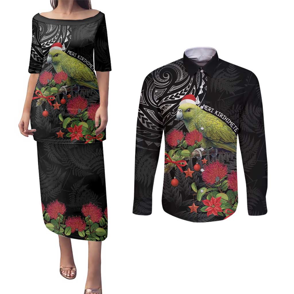 Meri Kirihimete Kakapo Couples Matching Puletasi and Long Sleeve Button Shirt Black Silver Fern Christmas Vibe LT9 Black - Polynesian Pride