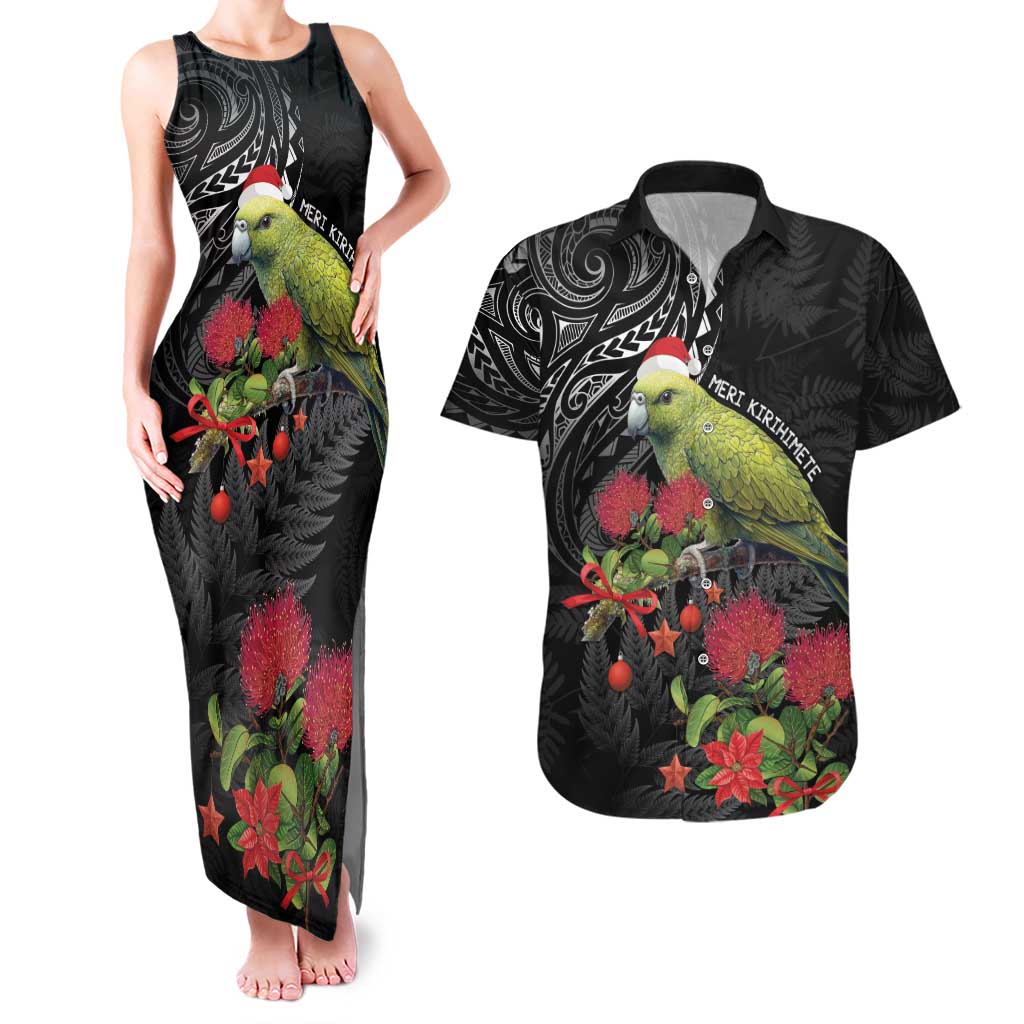 Meri Kirihimete Kakapo Couples Matching Tank Maxi Dress and Hawaiian Shirt Black Silver Fern Christmas Vibe LT9 Black - Polynesian Pride