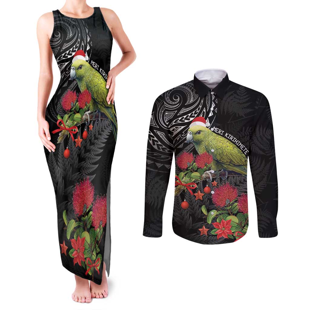 Meri Kirihimete Kakapo Couples Matching Tank Maxi Dress and Long Sleeve Button Shirt Black Silver Fern Christmas Vibe LT9 Black - Polynesian Pride