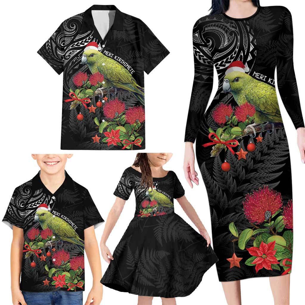 Meri Kirihimete Kakapo Family Matching Long Sleeve Bodycon Dress and Hawaiian Shirt Black Silver Fern Christmas Vibe LT9 - Polynesian Pride