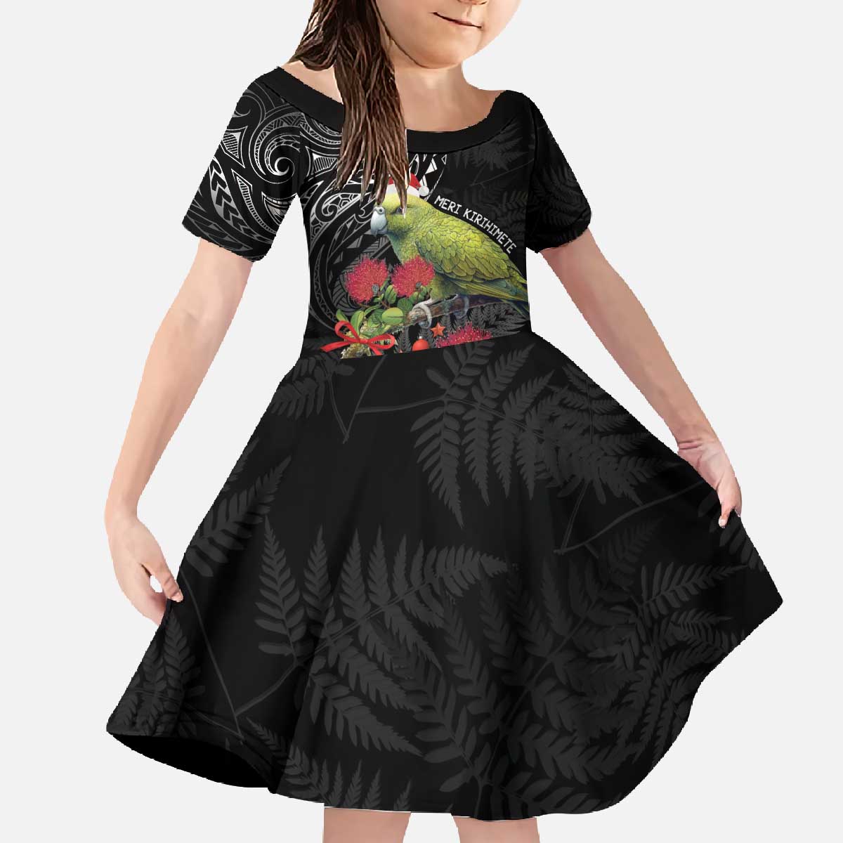 Meri Kirihimete Kakapo Family Matching Off The Shoulder Long Sleeve Dress and Hawaiian Shirt Black Silver Fern Christmas Vibe LT9 Daughter's Dress Black - Polynesian Pride
