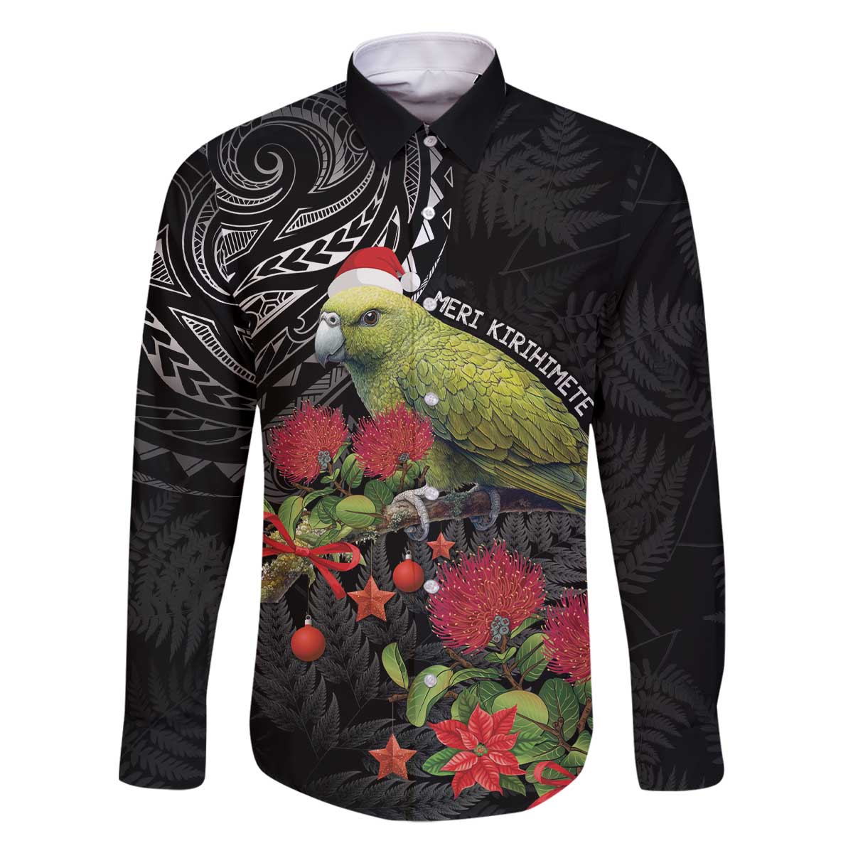 Meri Kirihimete Kakapo Family Matching Off The Shoulder Long Sleeve Dress and Hawaiian Shirt Black Silver Fern Christmas Vibe LT9 Dad's Shirt - Long Sleeve Black - Polynesian Pride