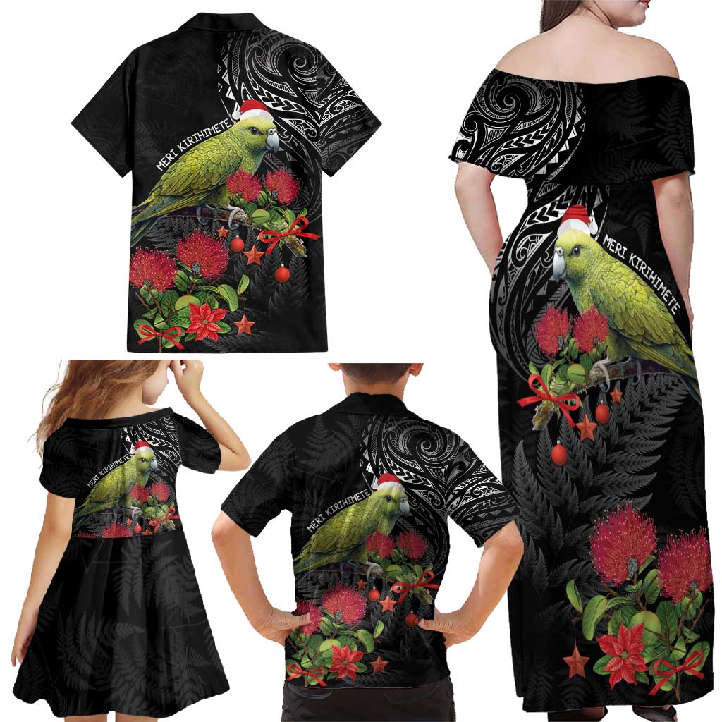 Meri Kirihimete Kakapo Family Matching Off Shoulder Maxi Dress and Hawaiian Shirt Black Silver Fern Christmas Vibe LT9 - Polynesian Pride