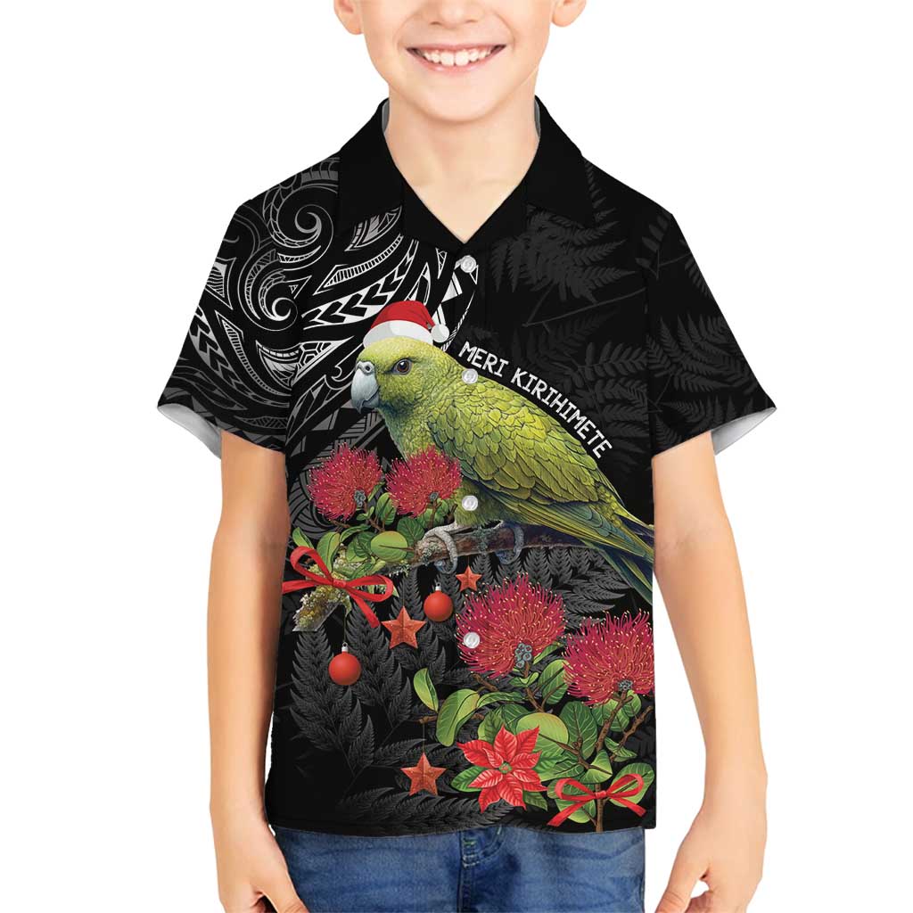 Meri Kirihimete Kakapo Family Matching Off Shoulder Maxi Dress and Hawaiian Shirt Black Silver Fern Christmas Vibe LT9 Son's Shirt Black - Polynesian Pride
