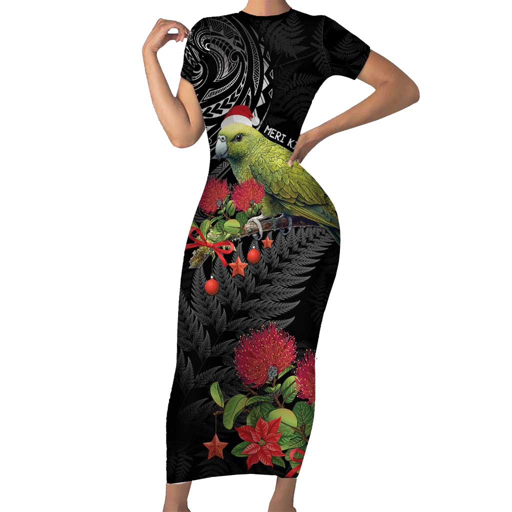Meri Kirihimete Kakapo Family Matching Short Sleeve Bodycon Dress and Hawaiian Shirt Black Silver Fern Christmas Vibe LT9 Mom's Dress Black - Polynesian Pride