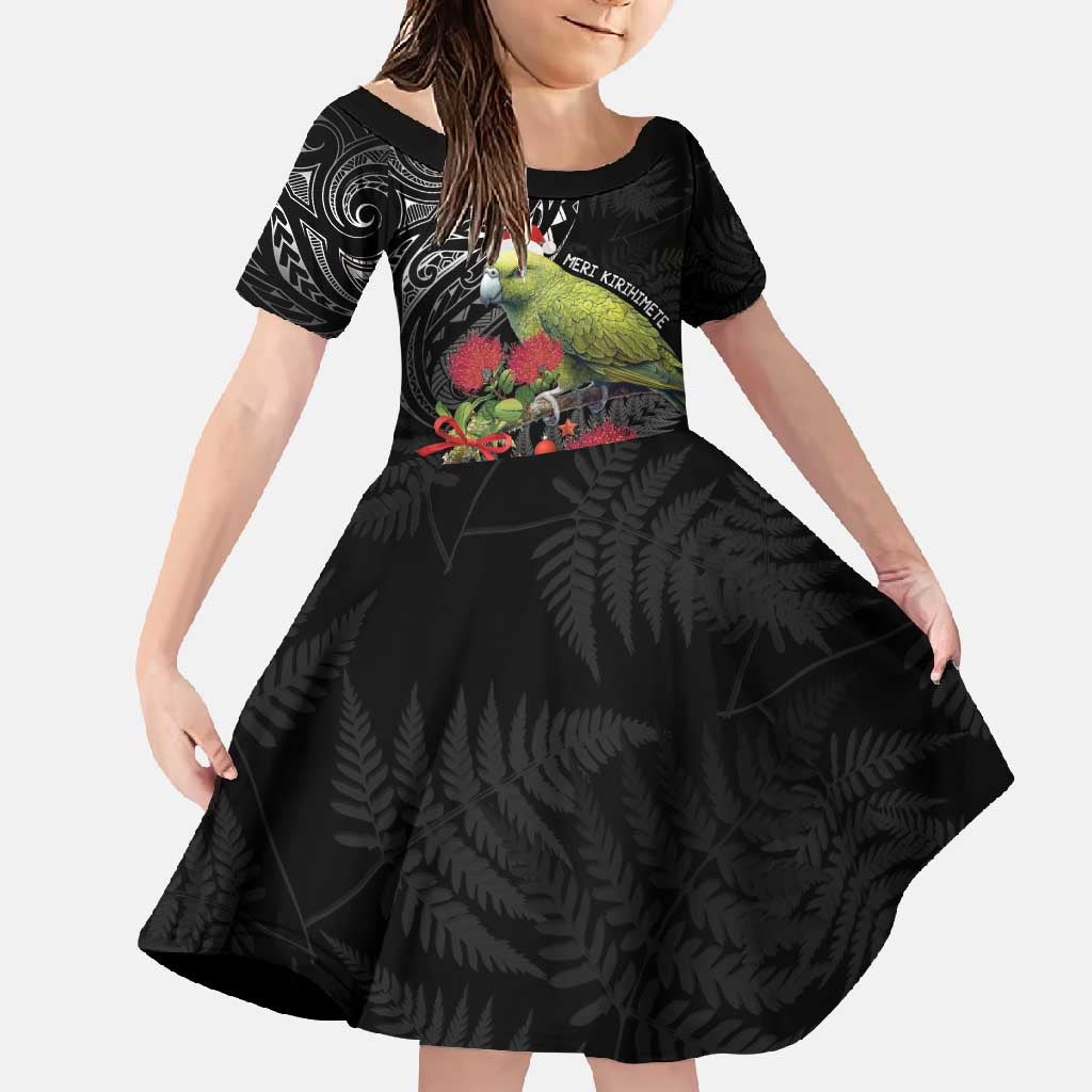 Meri Kirihimete Kakapo Family Matching Summer Maxi Dress and Hawaiian Shirt Black Silver Fern Christmas Vibe LT9 Daughter's Dress Black - Polynesian Pride