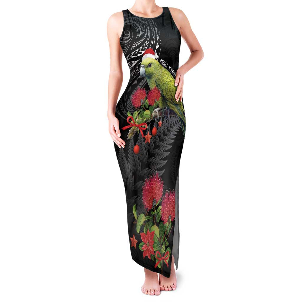 Meri Kirihimete Kakapo Family Matching Tank Maxi Dress and Hawaiian Shirt Black Silver Fern Christmas Vibe LT9 Mom's Dress Black - Polynesian Pride