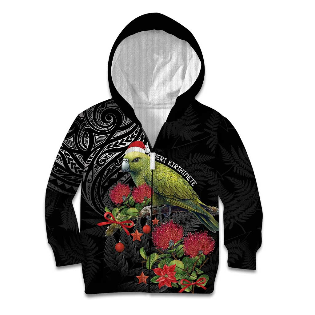 Meri Kirihimete Kakapo Kid Hoodie Black Silver Fern Christmas Vibe LT9 Zip Hoodie Black - Polynesian Pride