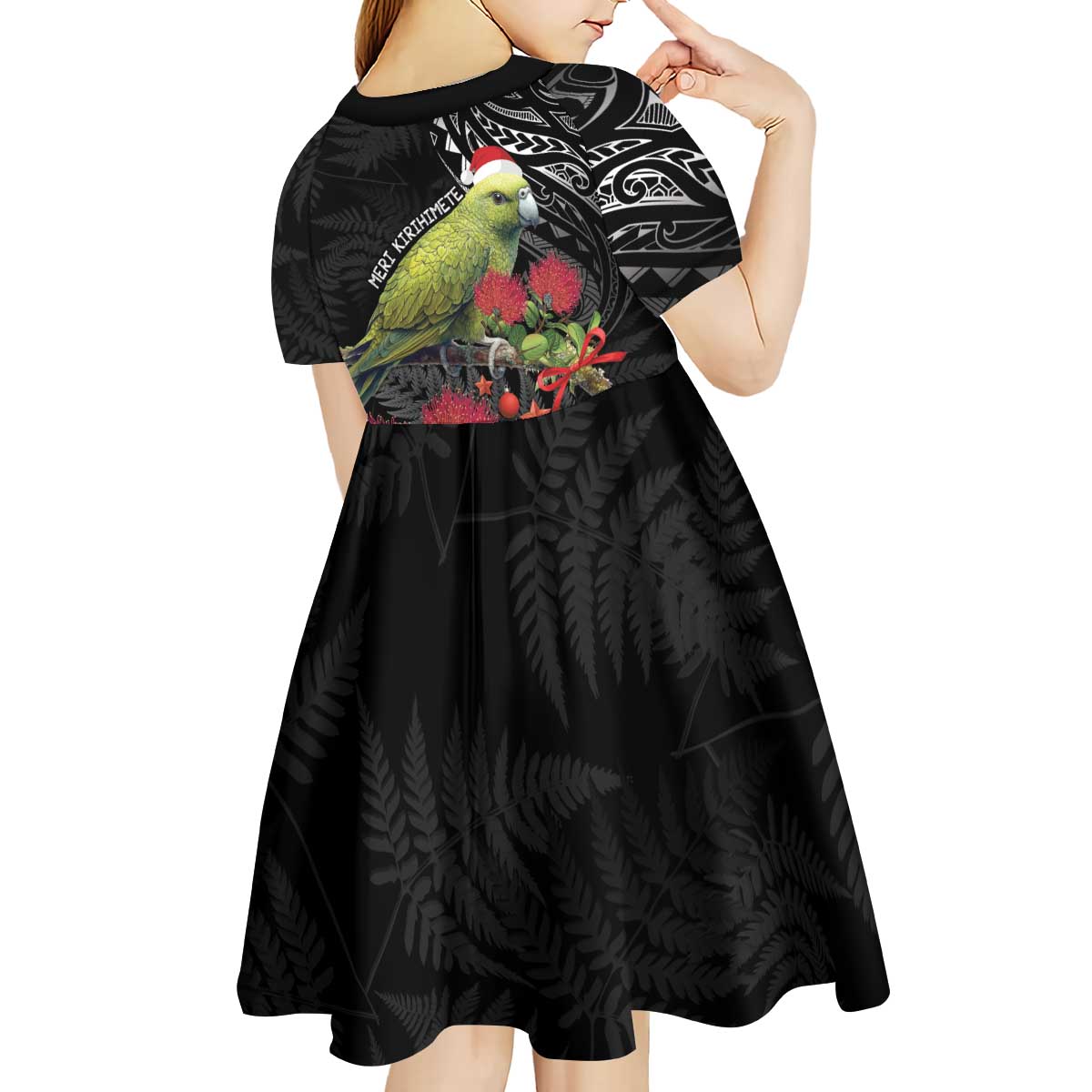 Meri Kirihimete Kakapo Kid Short Sleeve Dress Black Silver Fern Christmas Vibe LT9 - Polynesian Pride