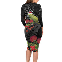 Meri Kirihimete Kakapo Long Sleeve Bodycon Dress Black Silver Fern Christmas Vibe LT9 - Polynesian Pride
