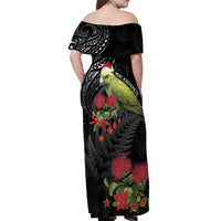 Meri Kirihimete Kakapo Off Shoulder Maxi Dress Black Silver Fern Christmas Vibe LT9 - Polynesian Pride