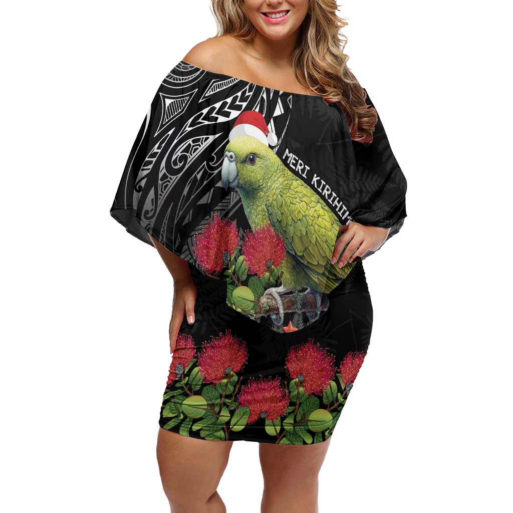 Meri Kirihimete Kakapo Off Shoulder Short Dress Black Silver Fern Christmas Vibe LT9 Women Black - Polynesian Pride