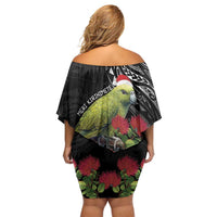 Meri Kirihimete Kakapo Off Shoulder Short Dress Black Silver Fern Christmas Vibe LT9 - Polynesian Pride