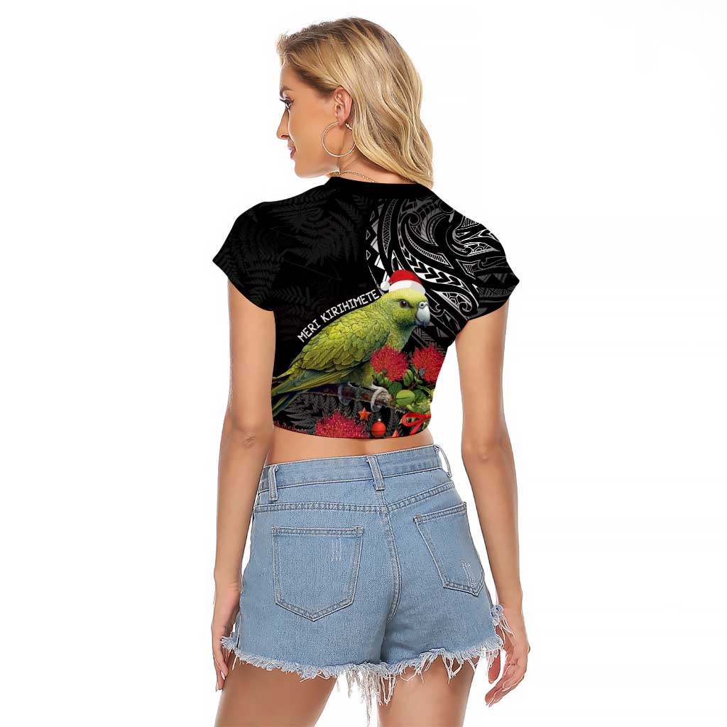 Meri Kirihimete Kakapo Raglan Cropped T Shirt Black Silver Fern Christmas Vibe LT9 - Polynesian Pride