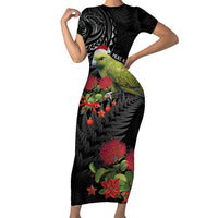 Meri Kirihimete Kakapo Short Sleeve Bodycon Dress Black Silver Fern Christmas Vibe LT9 Long Dress Black - Polynesian Pride