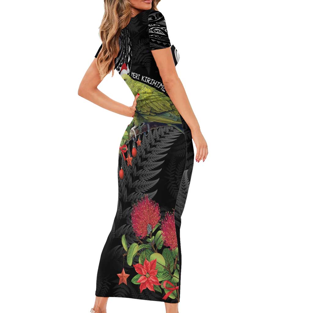 Meri Kirihimete Kakapo Short Sleeve Bodycon Dress Black Silver Fern Christmas Vibe LT9 - Polynesian Pride