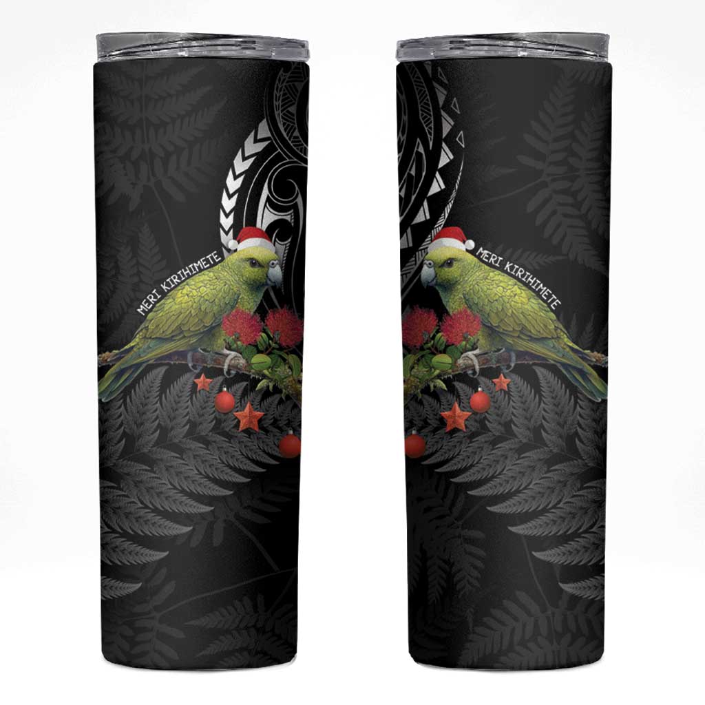 Meri Kirihimete Kakapo Skinny Tumbler Black Silver Fern Christmas Vibe LT9 Black - Polynesian Pride