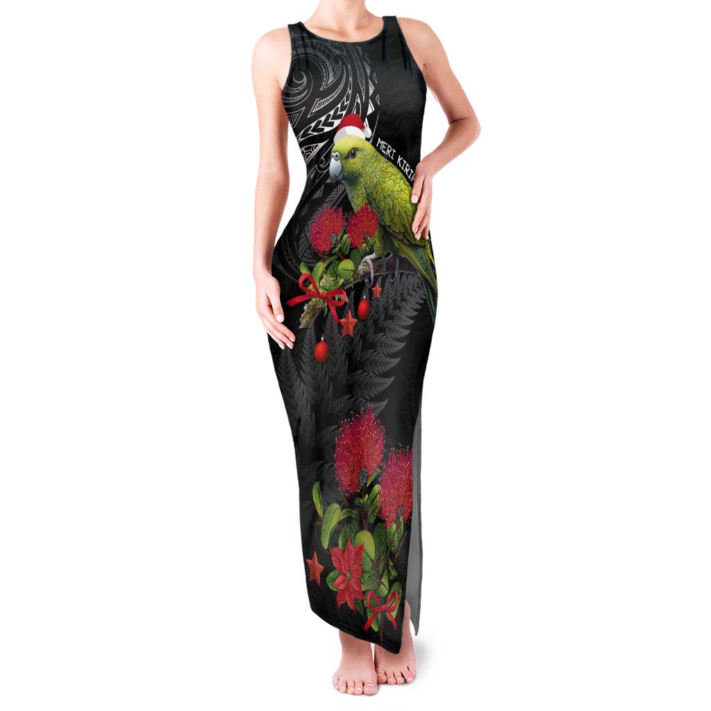 Meri Kirihimete Kakapo Tank Maxi Dress Black Silver Fern Christmas Vibe LT9 Women Black - Polynesian Pride