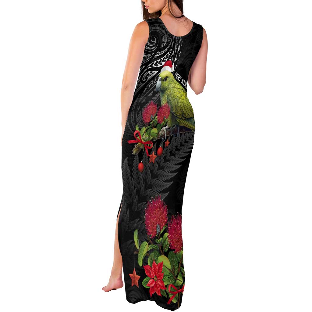Meri Kirihimete Kakapo Tank Maxi Dress Black Silver Fern Christmas Vibe LT9 - Polynesian Pride