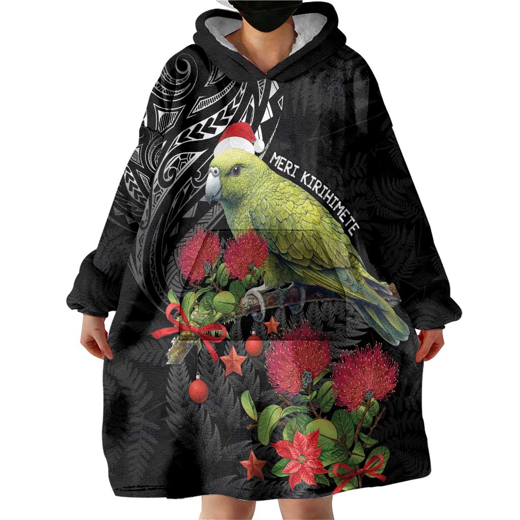 Meri Kirihimete Kakapo Wearable Blanket Hoodie Black Silver Fern Christmas Vibe LT9 - Polynesian Pride