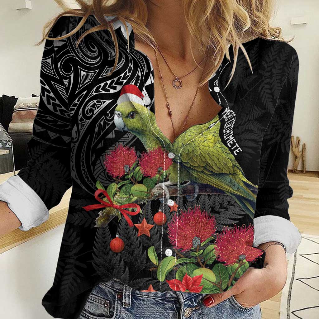 Meri Kirihimete Kakapo Women Casual Shirt Black Silver Fern Christmas Vibe LT9 Female Black - Polynesian Pride