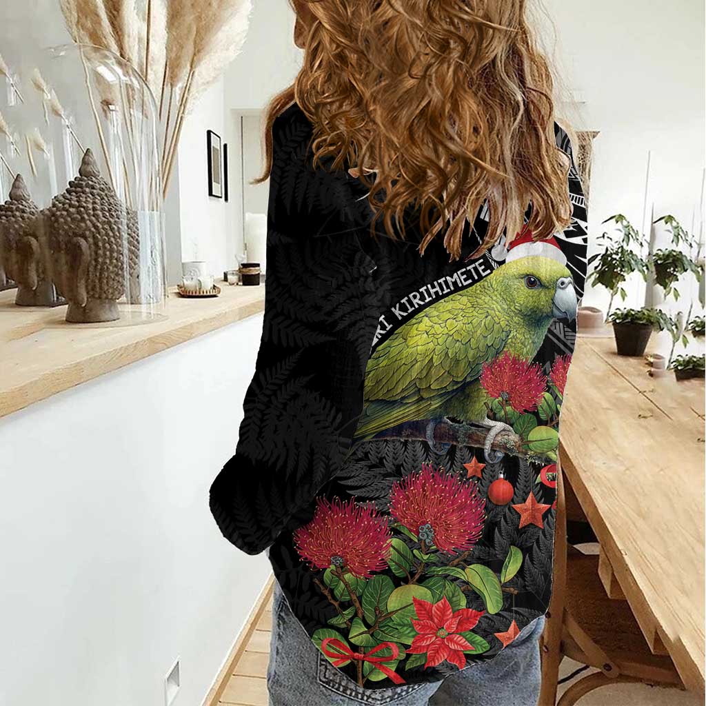 Meri Kirihimete Kakapo Women Casual Shirt Black Silver Fern Christmas Vibe LT9 - Polynesian Pride