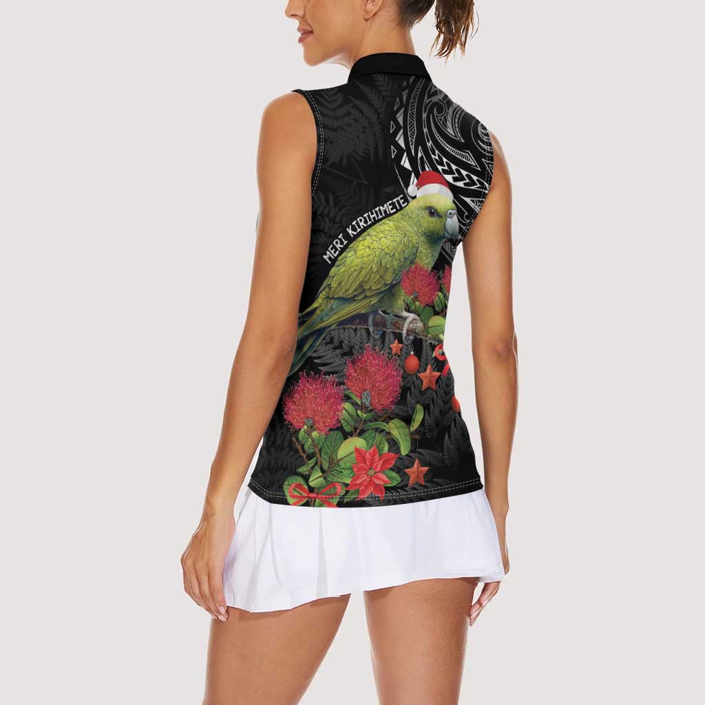 Meri Kirihimete Kakapo Women Sleeveless Polo Shirt Black Silver Fern Christmas Vibe LT9 - Polynesian Pride