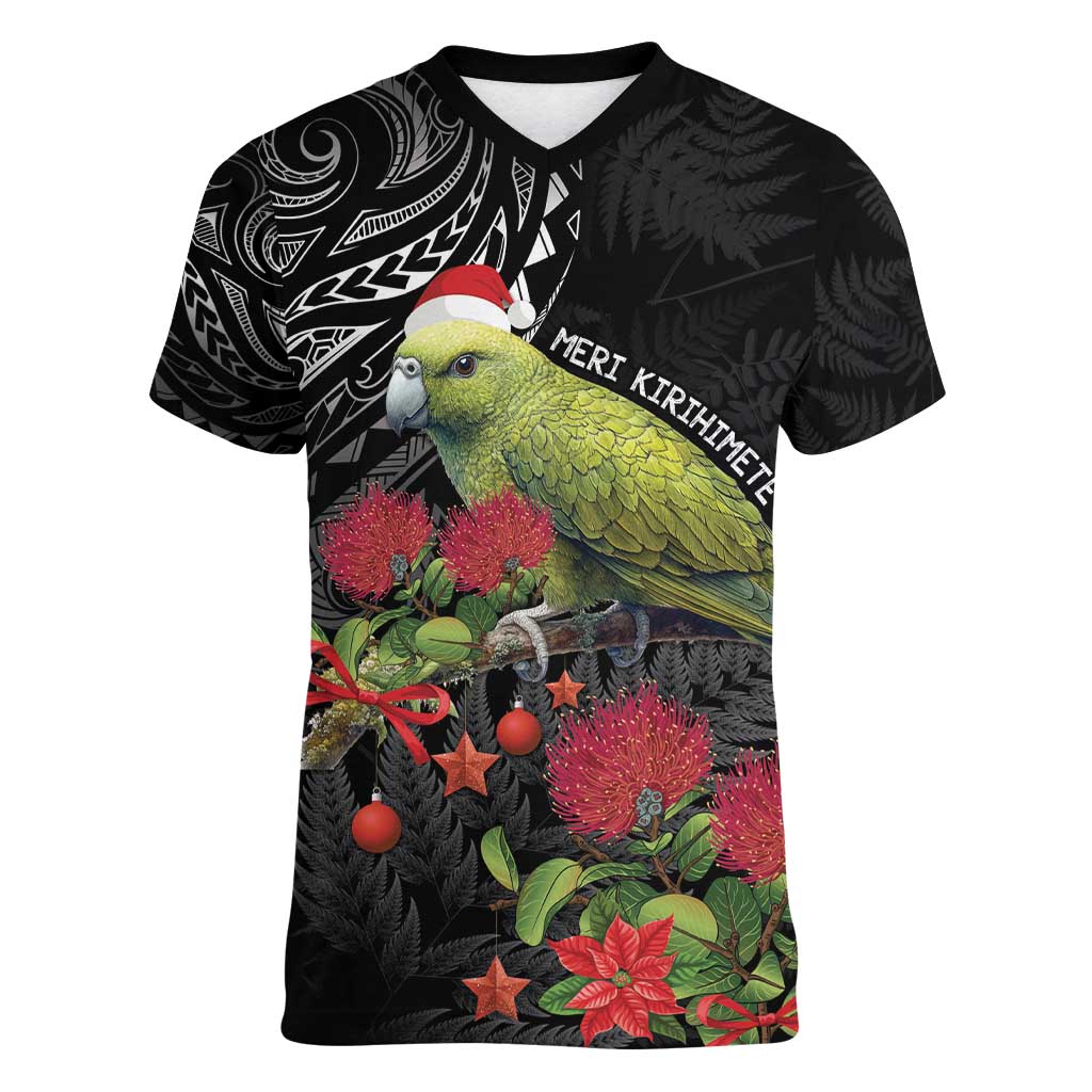 Meri Kirihimete Kakapo Women V-Neck T-Shirt Black Silver Fern Christmas Vibe LT9 Female Black - Polynesian Pride