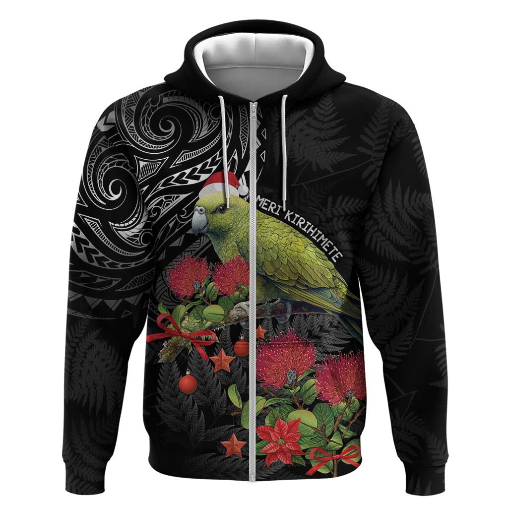 Meri Kirihimete Kakapo Zip Hoodie Black Silver Fern Christmas Vibe LT9 Zip Hoodie Black - Polynesian Pride