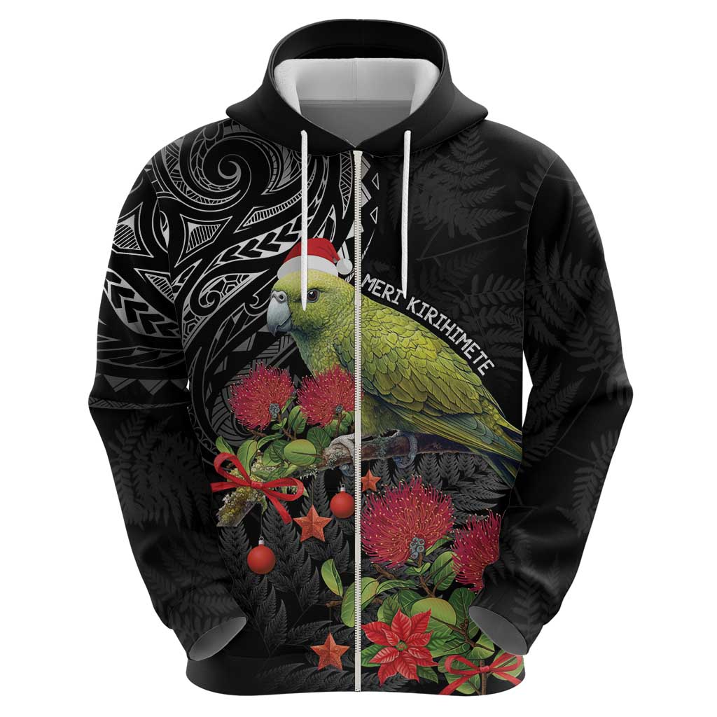 Meri Kirihimete Kakapo Zip Hoodie Black Silver Fern Christmas Vibe LT9 - Polynesian Pride