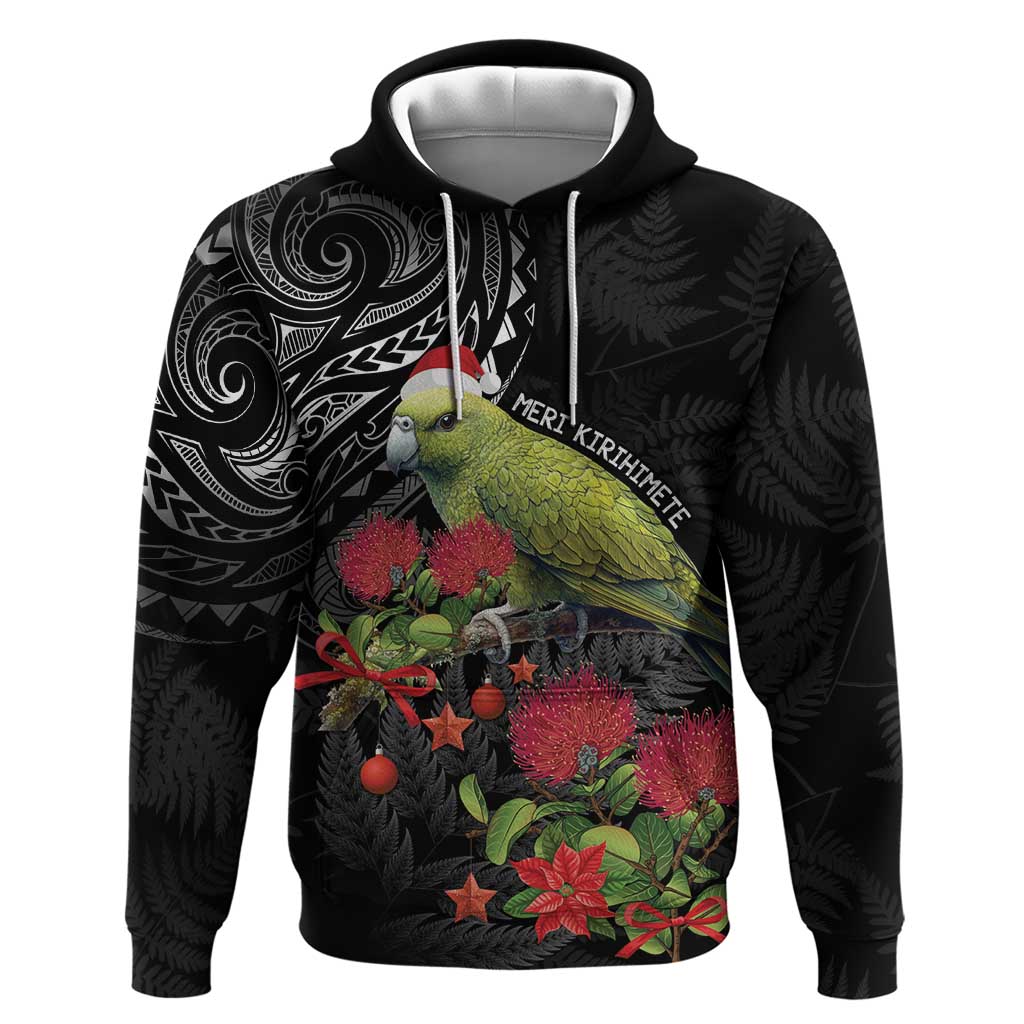 Meri Kirihimete Kakapo Zip Hoodie Black Silver Fern Christmas Vibe LT9 Pullover Hoodie Black - Polynesian Pride
