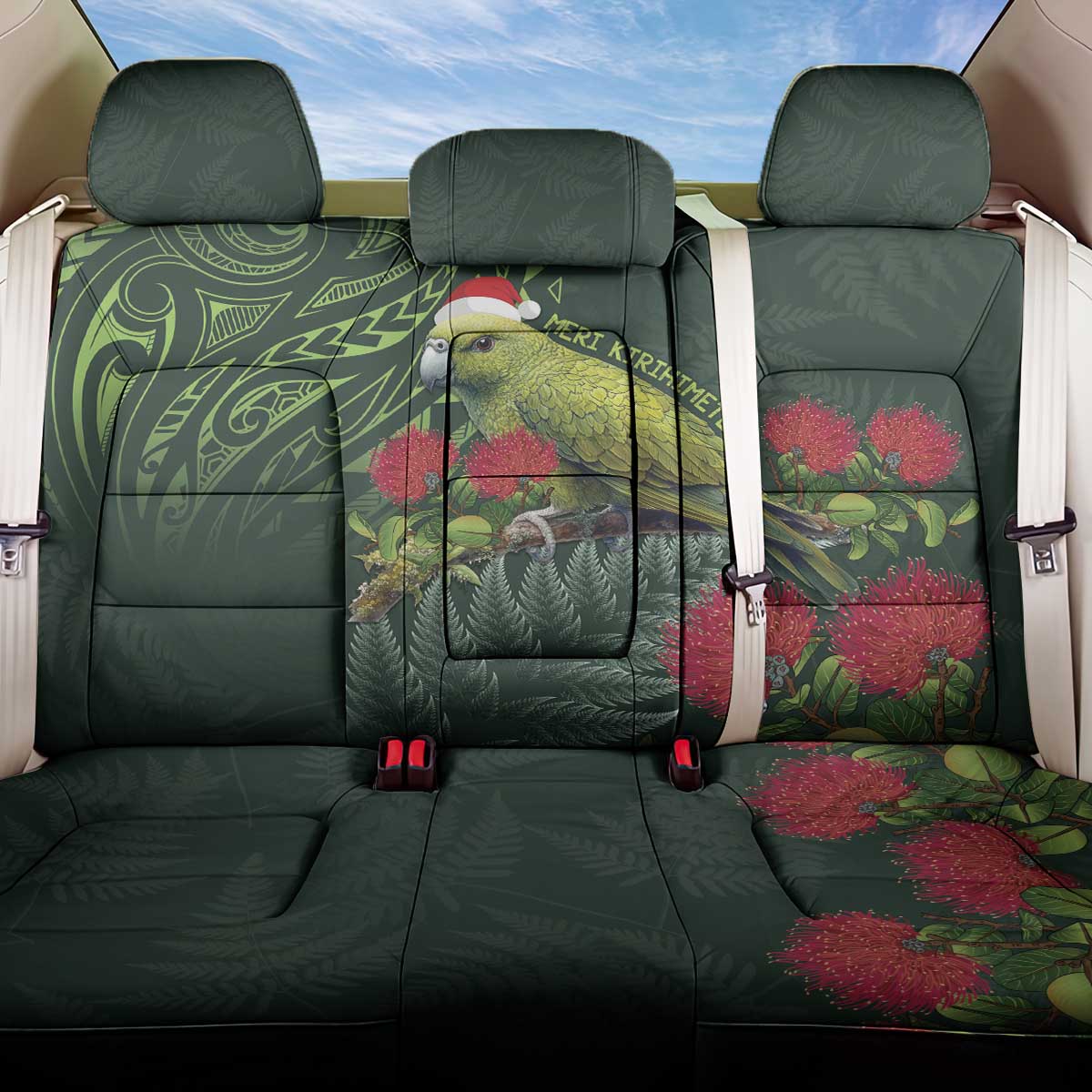 Meri Kirihimete Kakapo Back Car Seat Cover Green Silver Fern Christmas Vibe LT9 One Size Green - Polynesian Pride