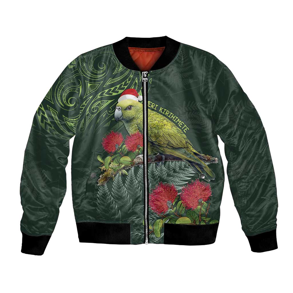 Meri Kirihimete Kakapo Bomber Jacket Green Silver Fern Christmas Vibe LT9 Unisex Green - Polynesian Pride