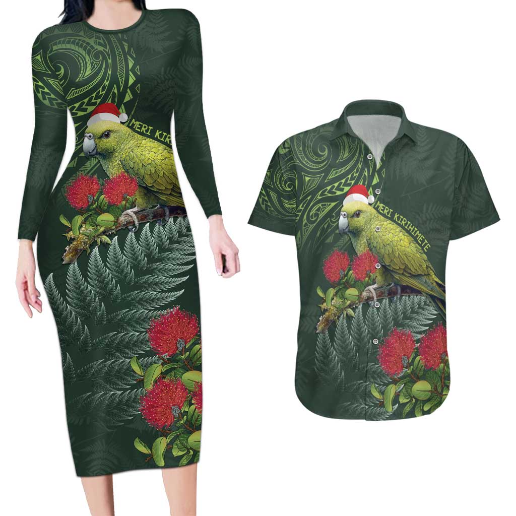 Meri Kirihimete Kakapo Couples Matching Long Sleeve Bodycon Dress and Hawaiian Shirt Green Silver Fern Christmas Vibe LT9 Green - Polynesian Pride