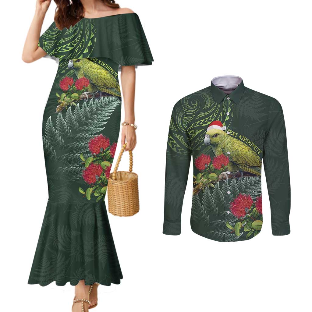 Meri Kirihimete Kakapo Couples Matching Mermaid Dress and Long Sleeve Button Shirt Green Silver Fern Christmas Vibe LT9 Green - Polynesian Pride