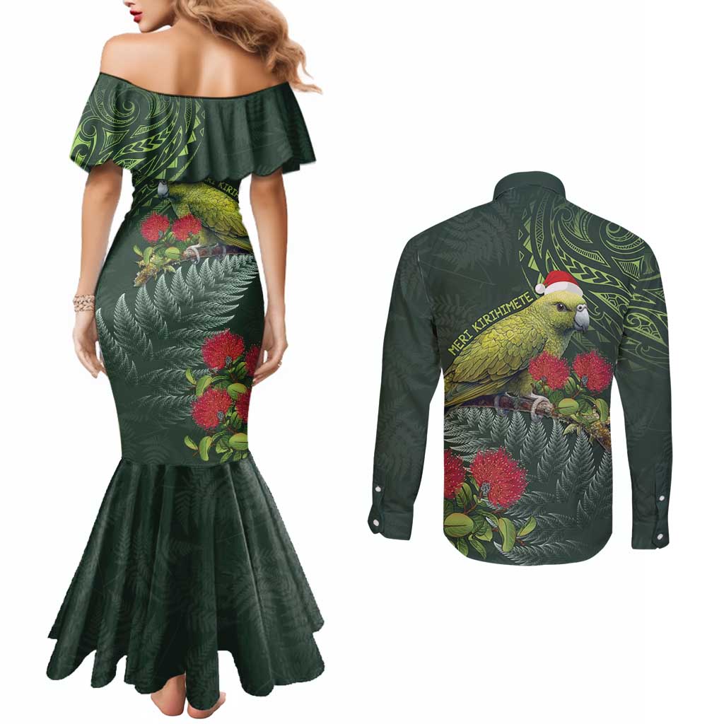 Meri Kirihimete Kakapo Couples Matching Mermaid Dress and Long Sleeve Button Shirt Green Silver Fern Christmas Vibe LT9 - Polynesian Pride