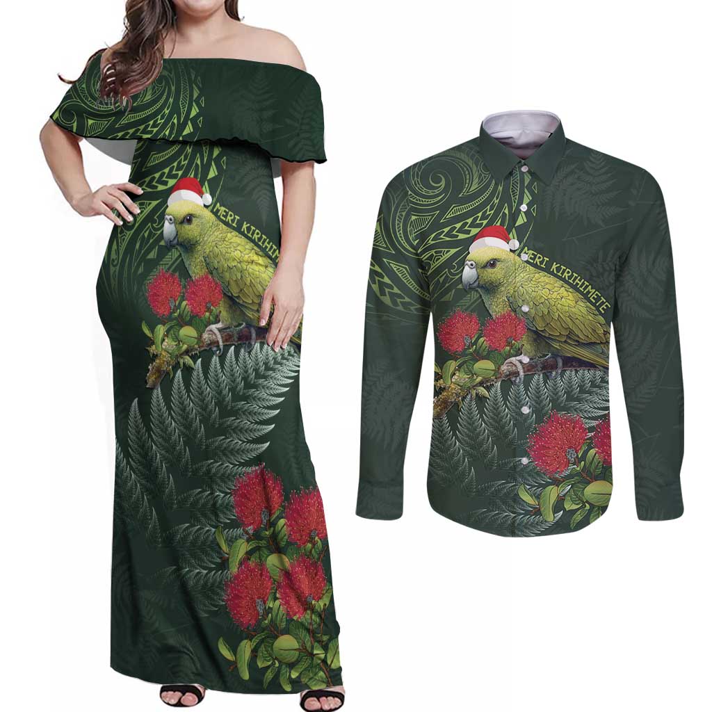 Meri Kirihimete Kakapo Couples Matching Off Shoulder Maxi Dress and Long Sleeve Button Shirt Green Silver Fern Christmas Vibe LT9 Green - Polynesian Pride