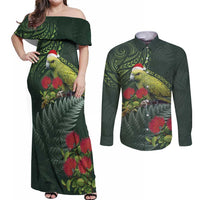 Meri Kirihimete Kakapo Couples Matching Off Shoulder Maxi Dress and Long Sleeve Button Shirt Green Silver Fern Christmas Vibe LT9 Green - Polynesian Pride