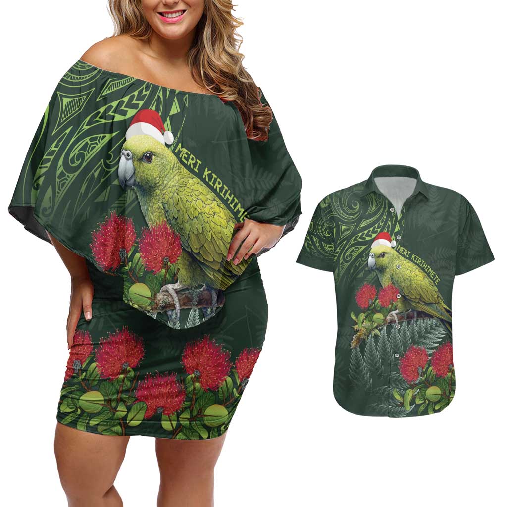 Meri Kirihimete Kakapo Couples Matching Off Shoulder Short Dress and Hawaiian Shirt Green Silver Fern Christmas Vibe LT9 Green - Polynesian Pride