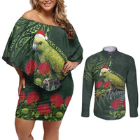 Meri Kirihimete Kakapo Couples Matching Off Shoulder Short Dress and Long Sleeve Button Shirt Green Silver Fern Christmas Vibe LT9 Green - Polynesian Pride