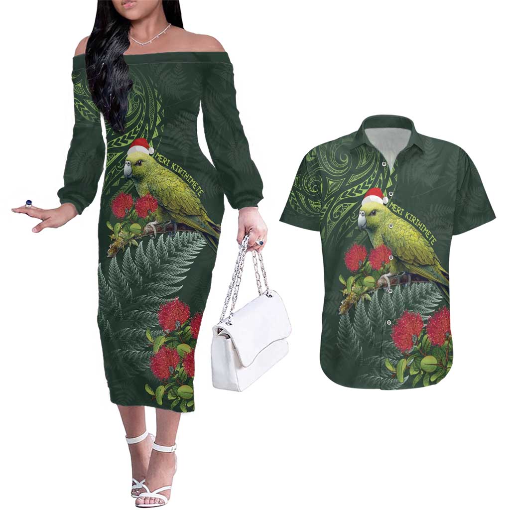 Meri Kirihimete Kakapo Couples Matching Off The Shoulder Long Sleeve Dress and Hawaiian Shirt Green Silver Fern Christmas Vibe LT9 Green - Polynesian Pride