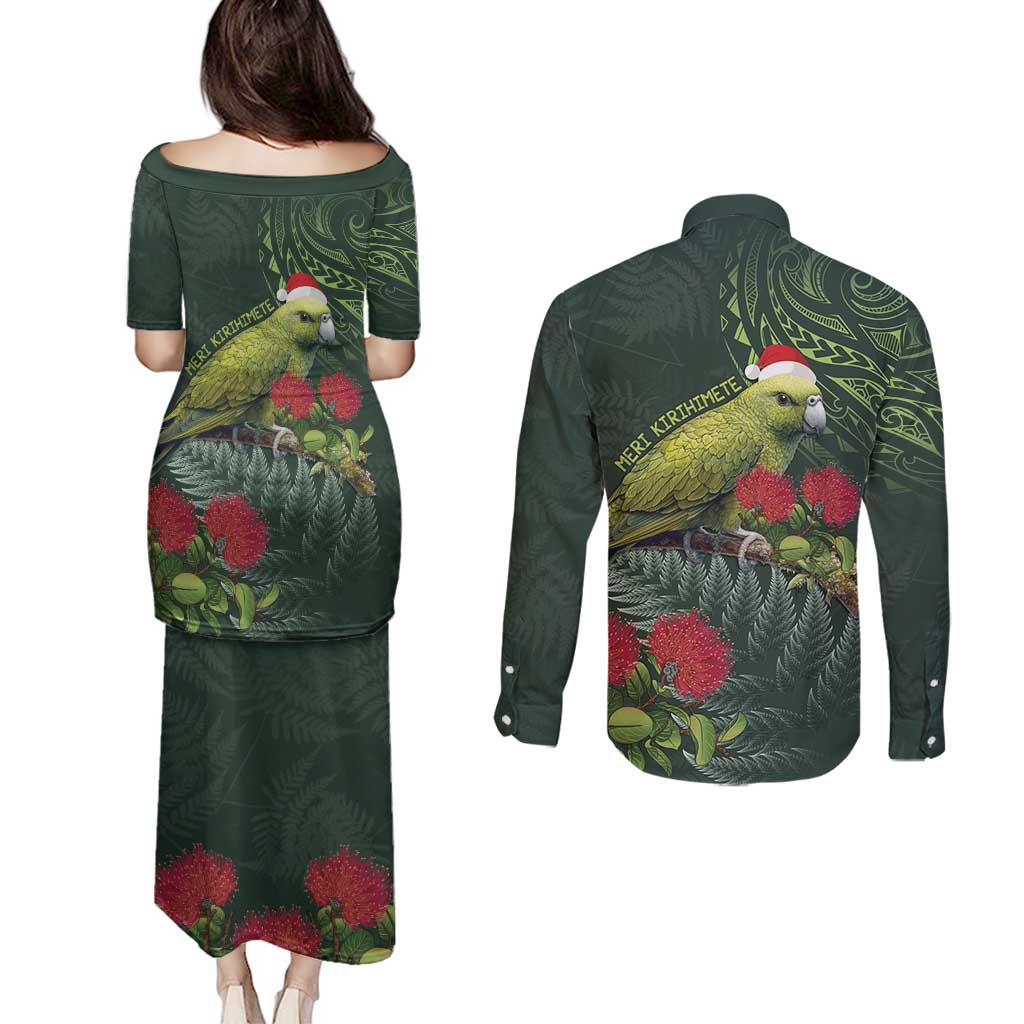 Meri Kirihimete Kakapo Couples Matching Puletasi and Long Sleeve Button Shirt Green Silver Fern Christmas Vibe LT9 - Polynesian Pride