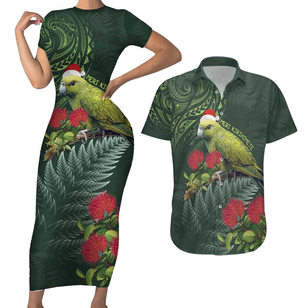 Meri Kirihimete Kakapo Couples Matching Short Sleeve Bodycon Dress and Hawaiian Shirt Green Silver Fern Christmas Vibe LT9 Green - Polynesian Pride