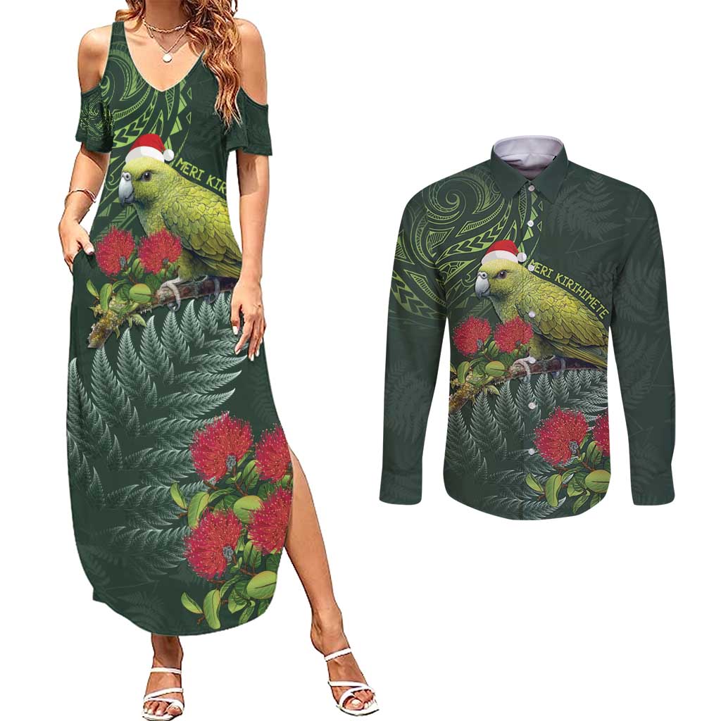 Meri Kirihimete Kakapo Couples Matching Summer Maxi Dress and Long Sleeve Button Shirt Green Silver Fern Christmas Vibe LT9 Green - Polynesian Pride