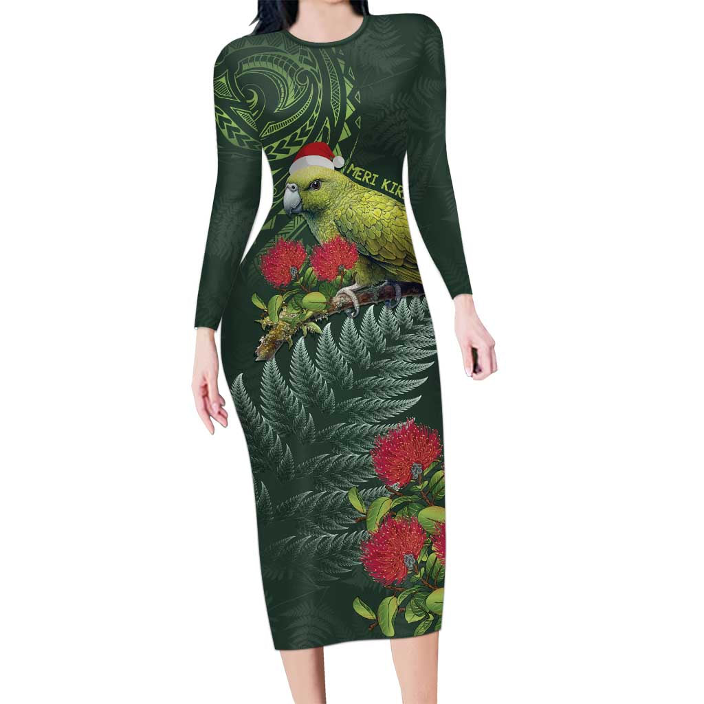 Meri Kirihimete Kakapo Family Matching Long Sleeve Bodycon Dress and Hawaiian Shirt Green Silver Fern Christmas Vibe LT9 Mom's Dress Green - Polynesian Pride