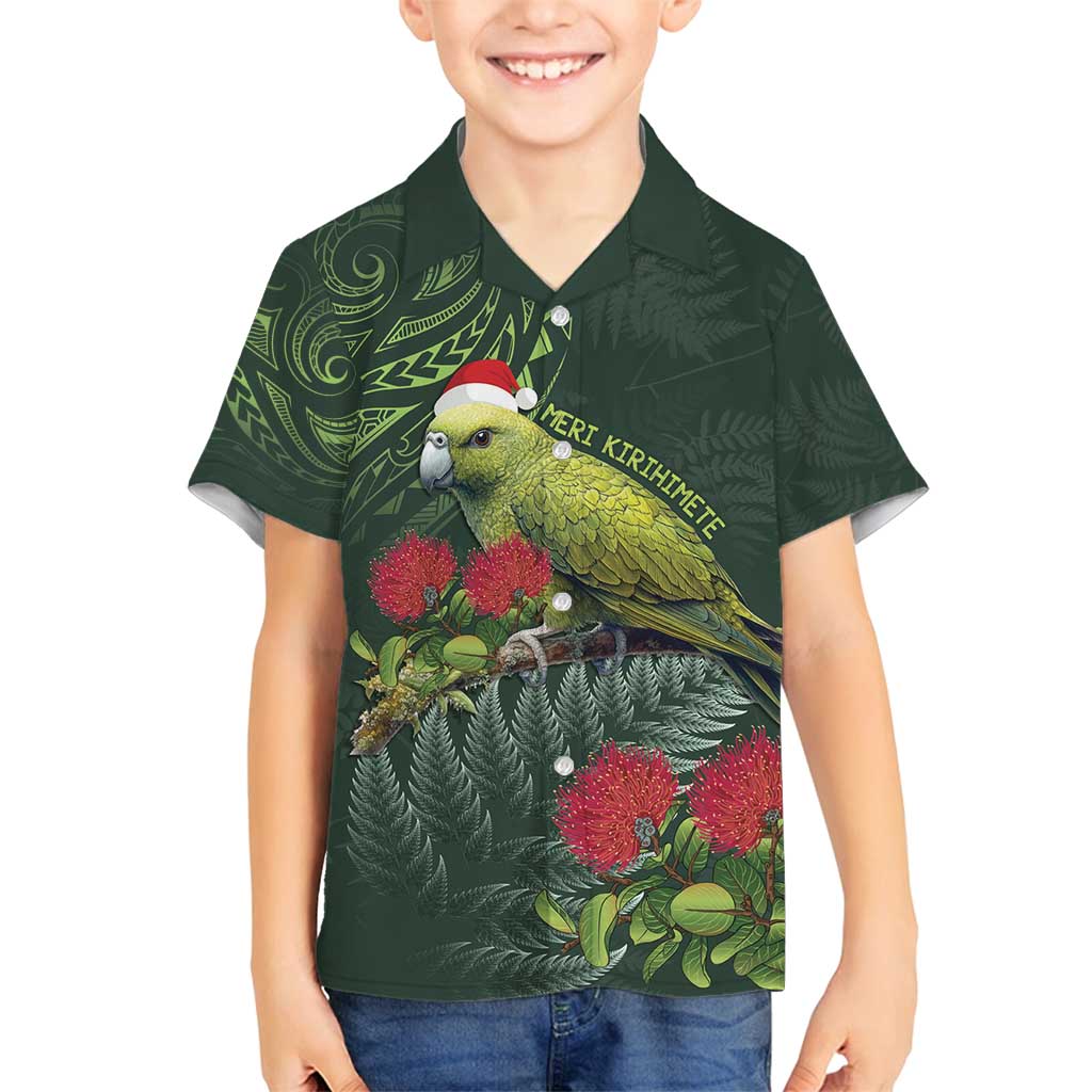 Meri Kirihimete Kakapo Family Matching Long Sleeve Bodycon Dress and Hawaiian Shirt Green Silver Fern Christmas Vibe LT9 Son's Shirt Green - Polynesian Pride