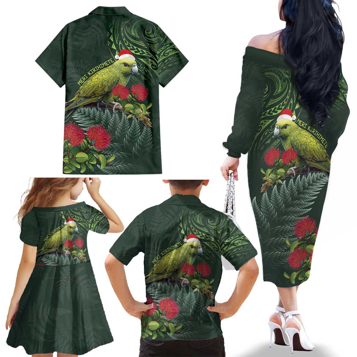 Meri Kirihimete Kakapo Family Matching Off The Shoulder Long Sleeve Dress and Hawaiian Shirt Green Silver Fern Christmas Vibe LT9 - Polynesian Pride